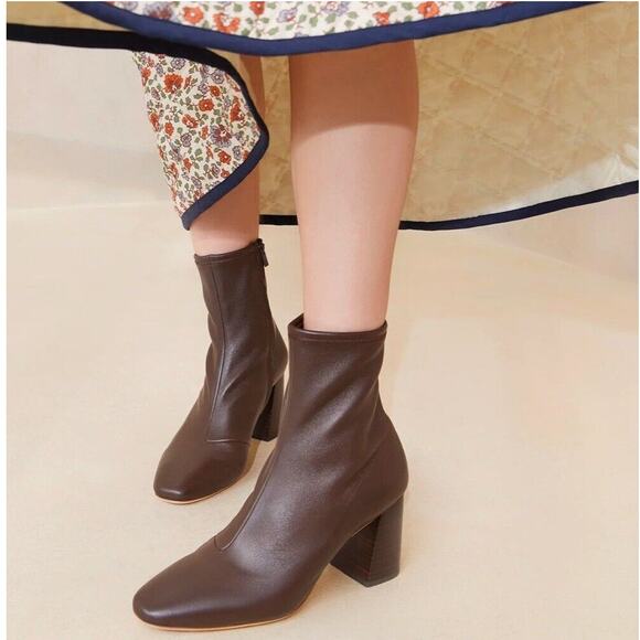 Loeffler Randall Elise Bootie Stretch Chocolate Brown Leather Block Heel Sz 5.5 - Picture 2 of 11